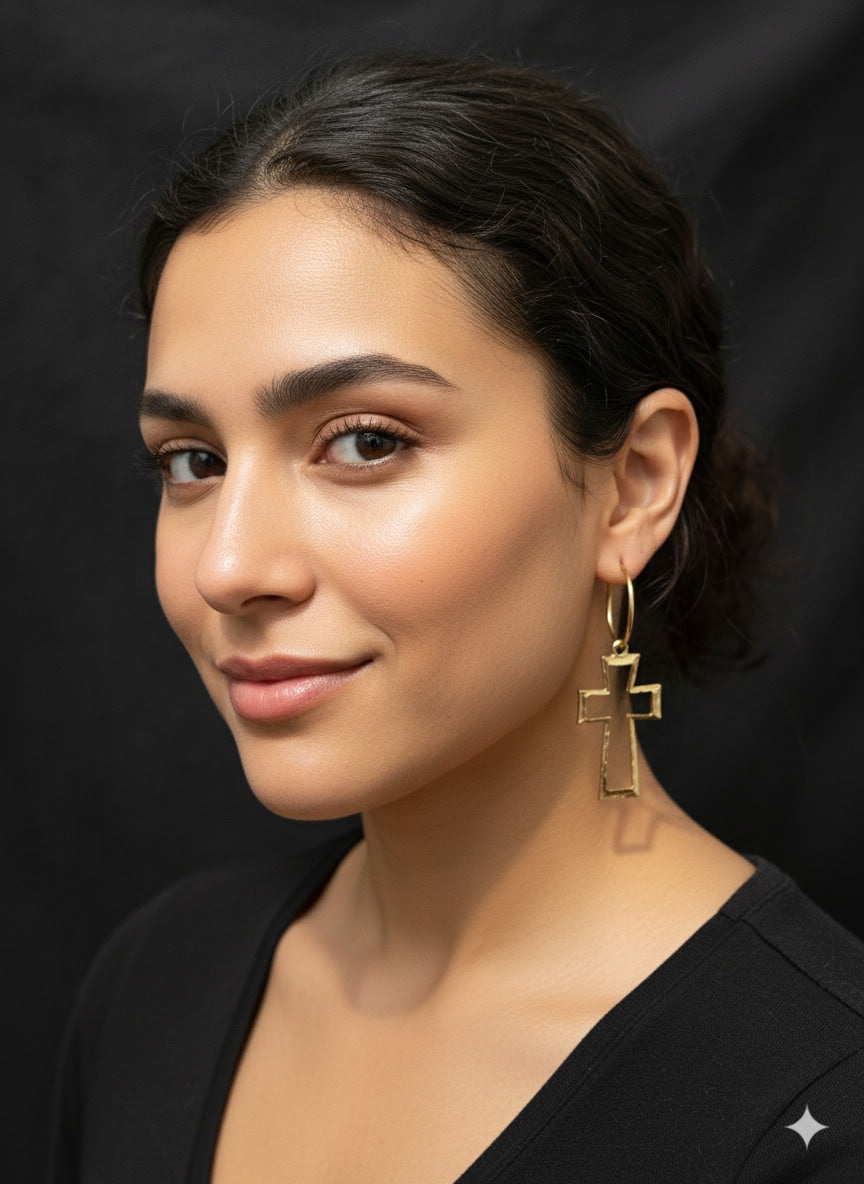 Golden Cross Dangle Hoop Earrings