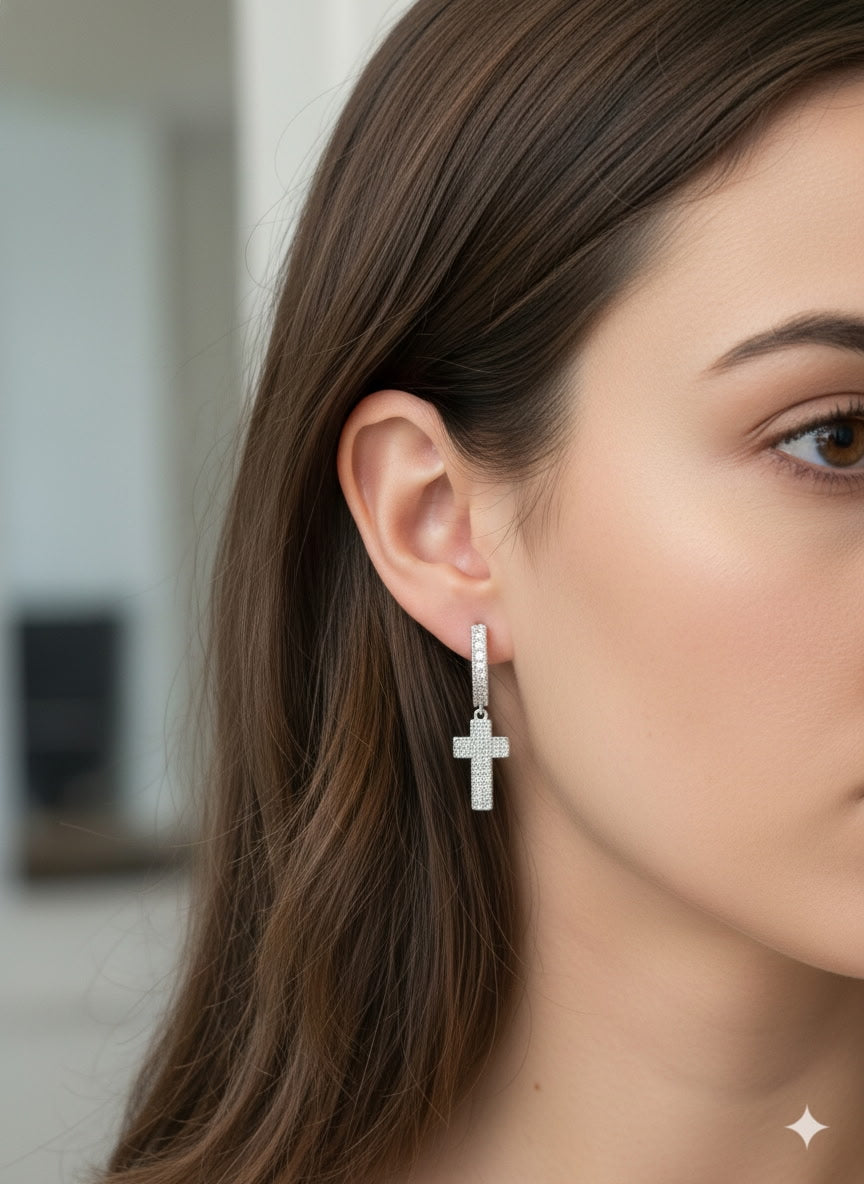 Dangle Diamond Cross Hoop Earrings